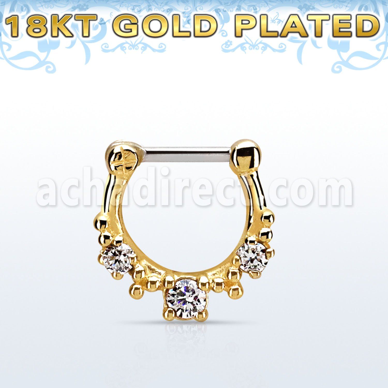 gsepl16 gold plated silver septum clicker 16g w 1 big cz