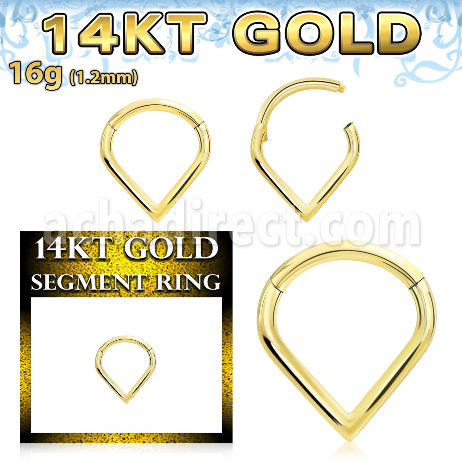 gsgha16 14k gold hinged segment ring 16g drop shape
