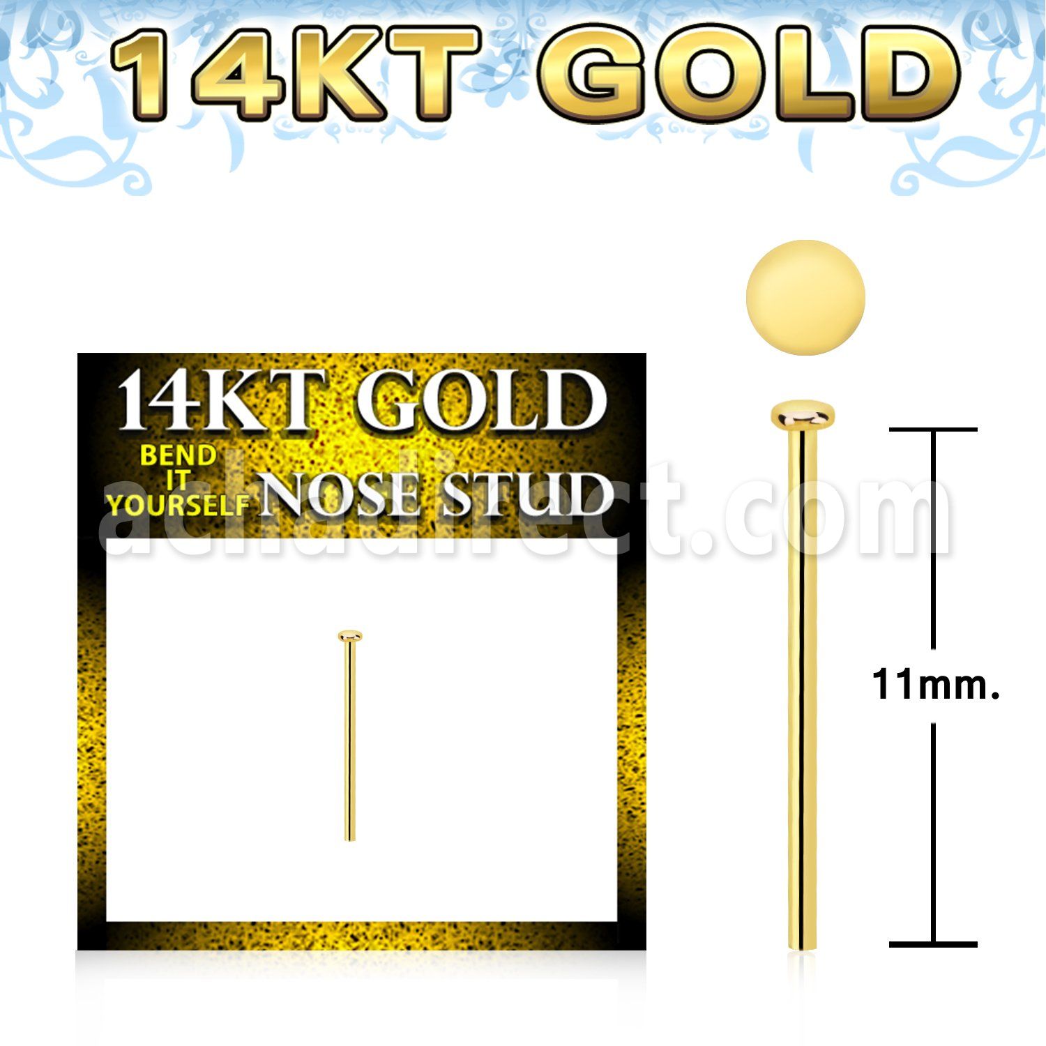 gysrd1 14kt gold bend it nose screw, 22g w 1mm round flat top