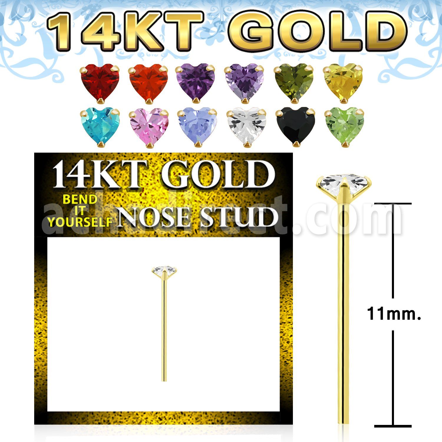 gyzhm1 14k gold bend it yourself nose stud heart color cz