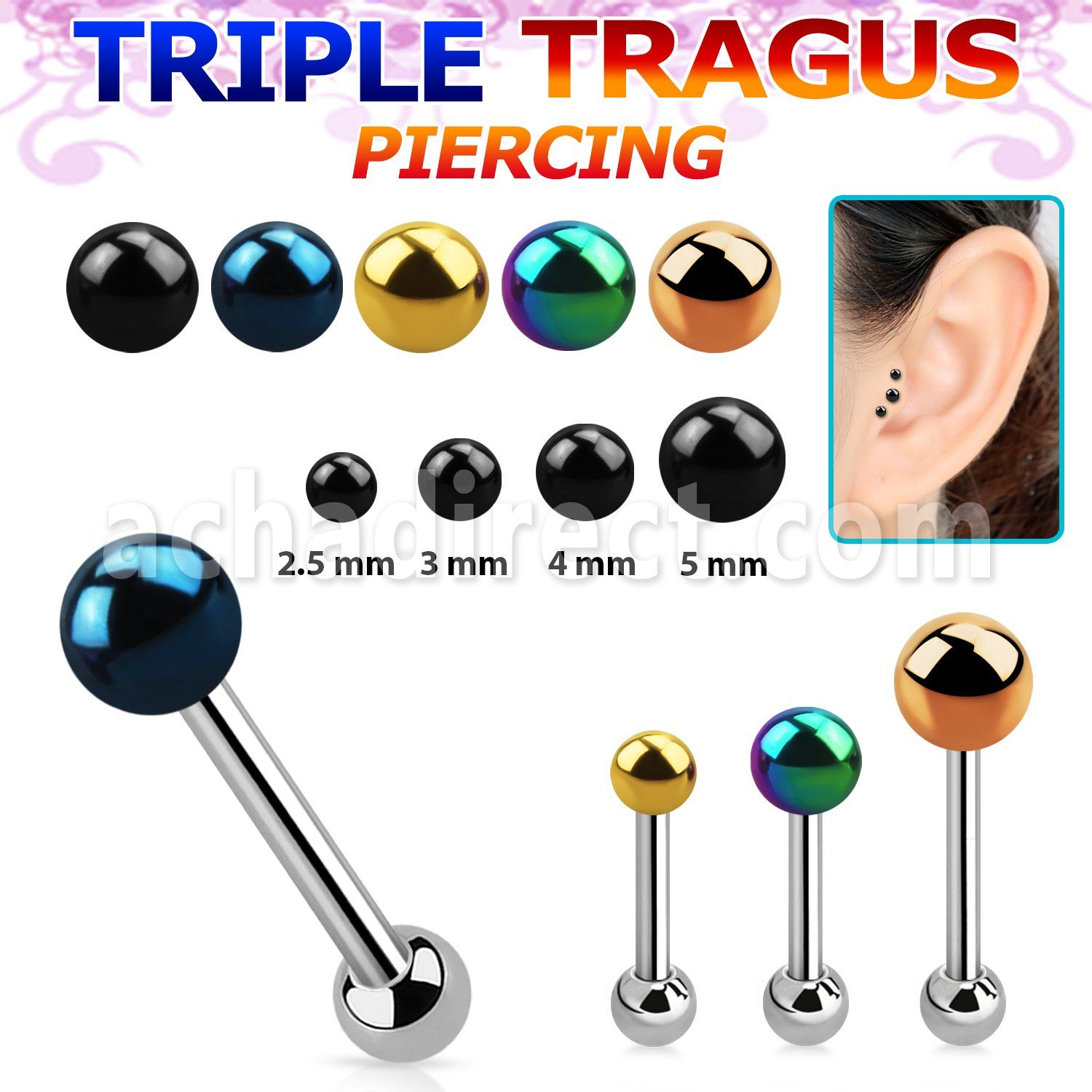 hextab anodized 316l steel triple tragus piercing w 2 5 5 ball