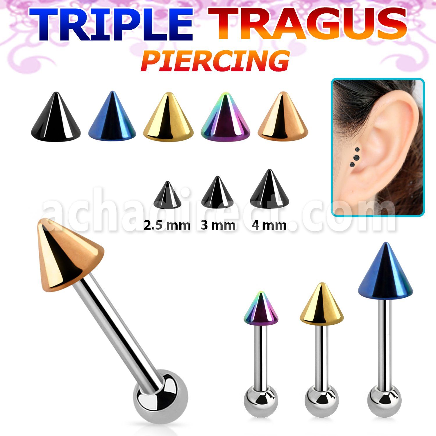 hextbcn anodized 316l steel triple tragus piercing w 2 5 4 cone