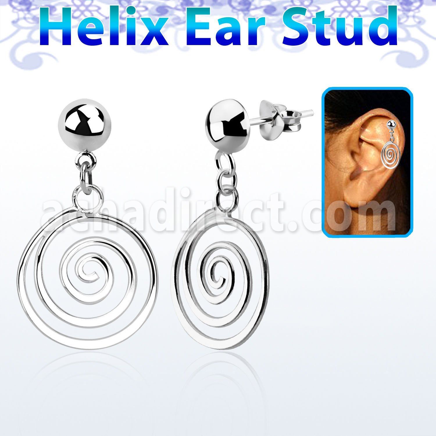 hexvd32 925 silver helix earstud w dangling swirl