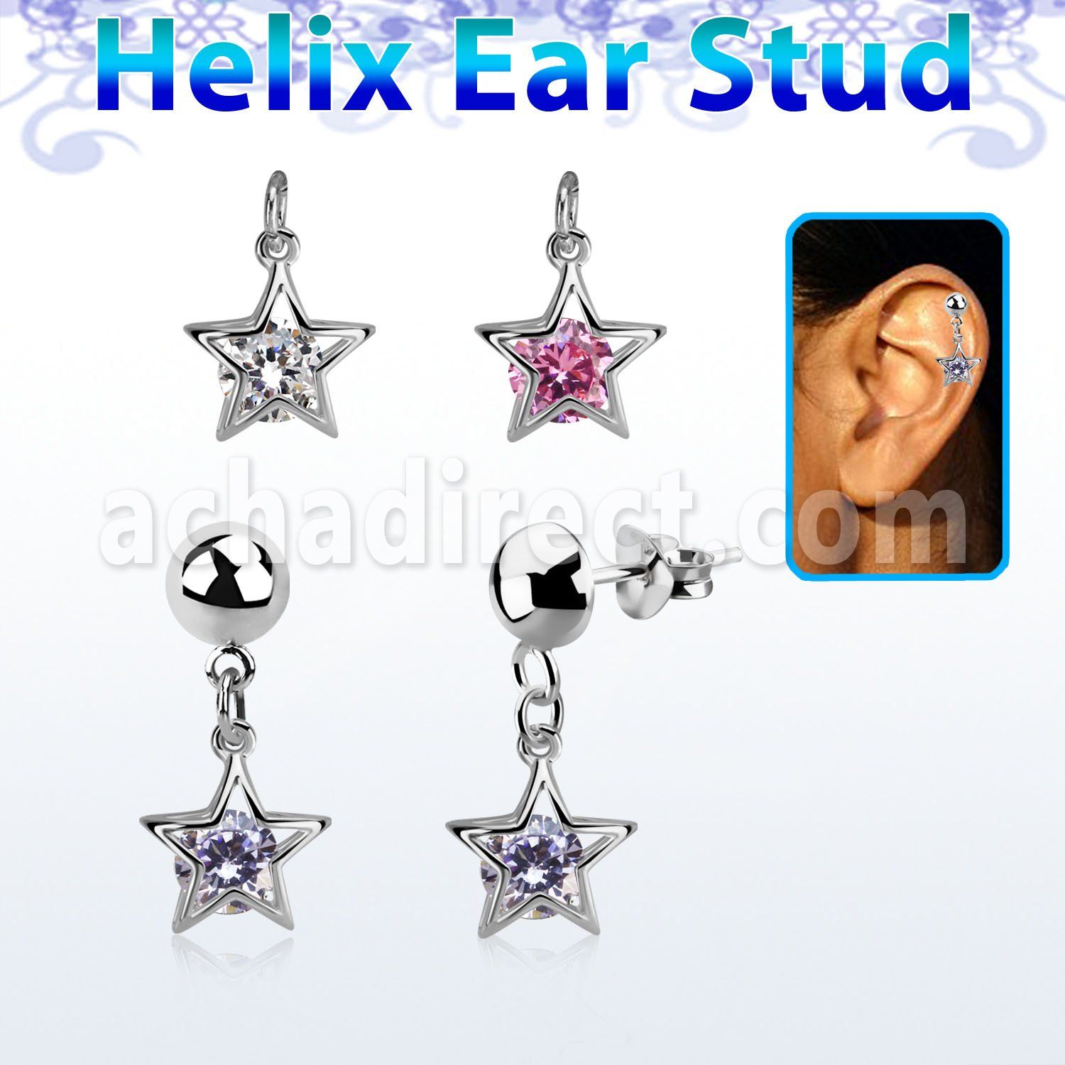 hexvd45 plain 925 silver helix ear stud w a dangling star w czs