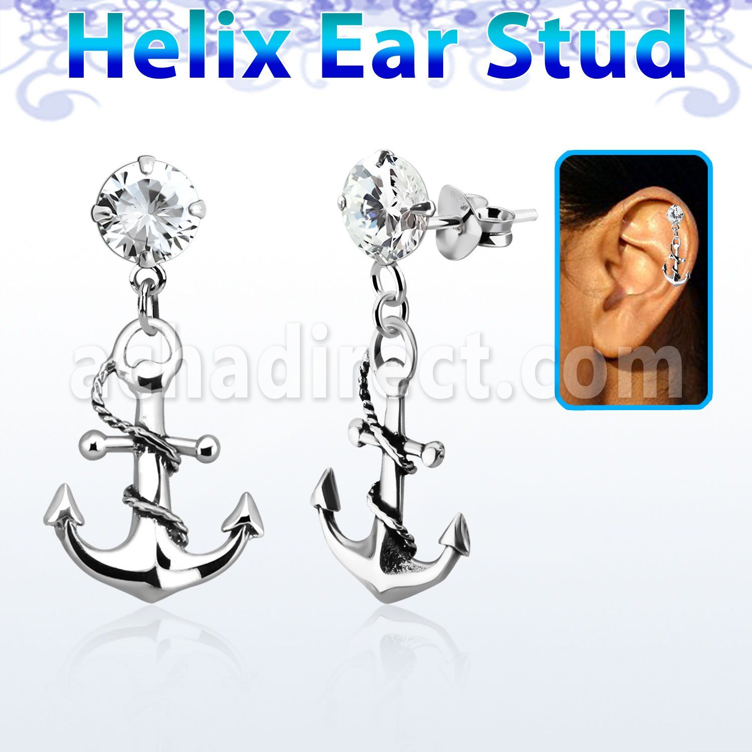 hexzd18 925 silver helix earstud w cz a anchor with rope