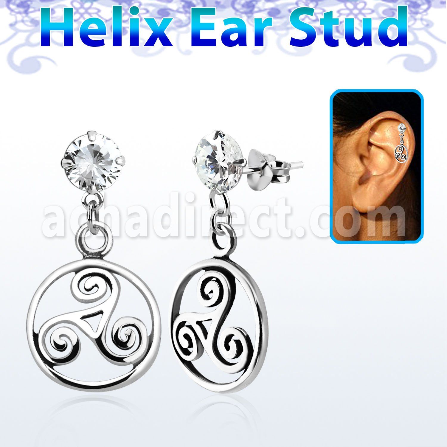hexzd23 925 silver helix earstud w cz a triskele dangling