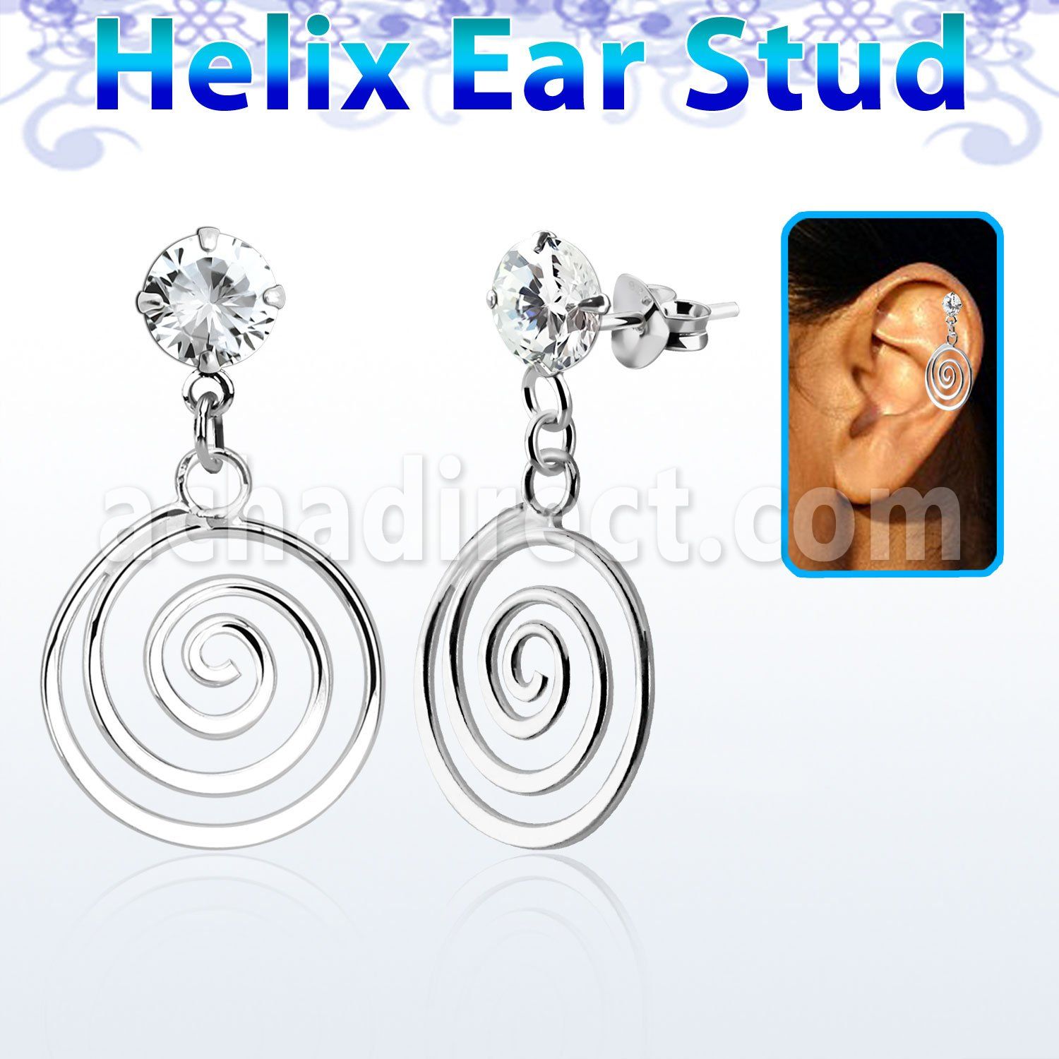 hexzd32 925 silver helix earstud w cz a swirl dangling