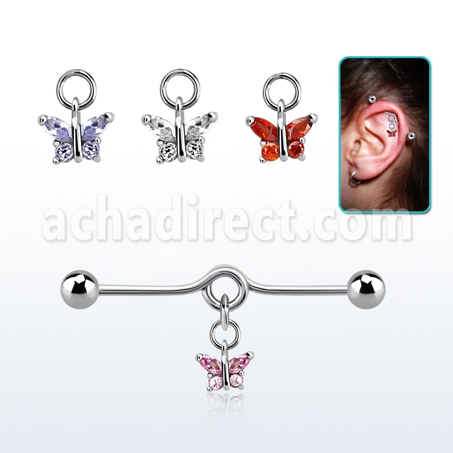 inddz4 steel industrial loop barbell w ball, dangling butterfly