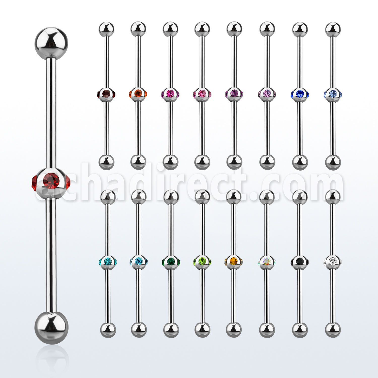 indsh12 316l steel industrial barbell w center multi jewel ball