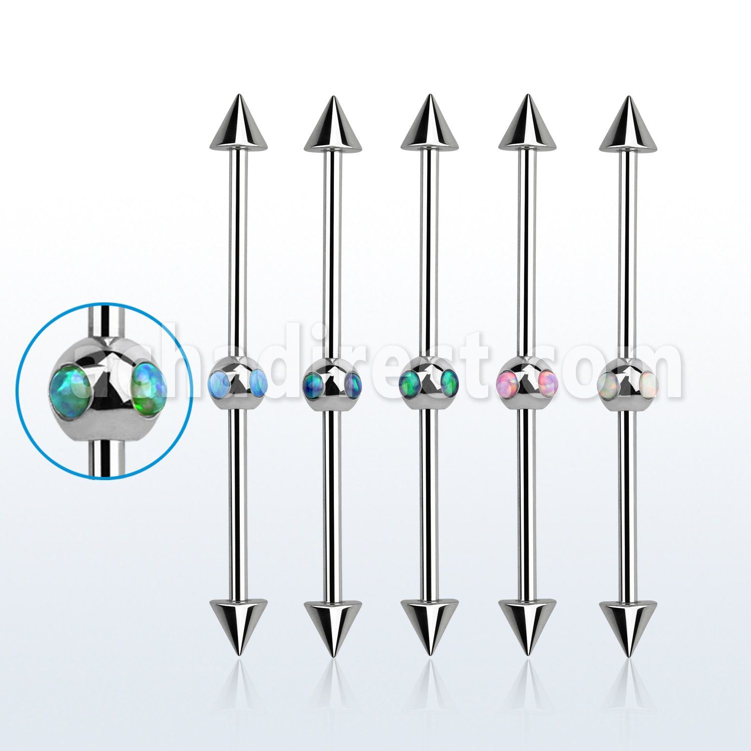 indsh33 316l steel industrial barbell w 4 synthetic opals cone