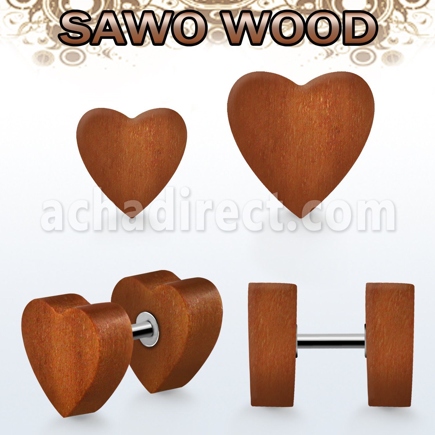 ipswht sawo wood fake plug in heart shape with 316l steel post