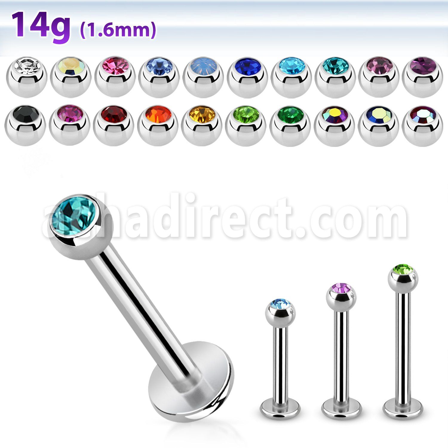 lbc3g 14g 316l steel labret with 3mm bezel set jewel ball