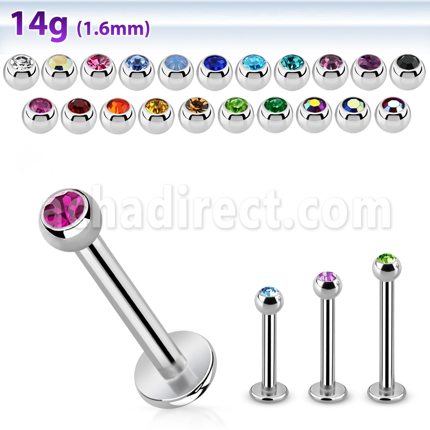 lbc3g 14g 316l steel labret with 3mm bezel set jewel ball