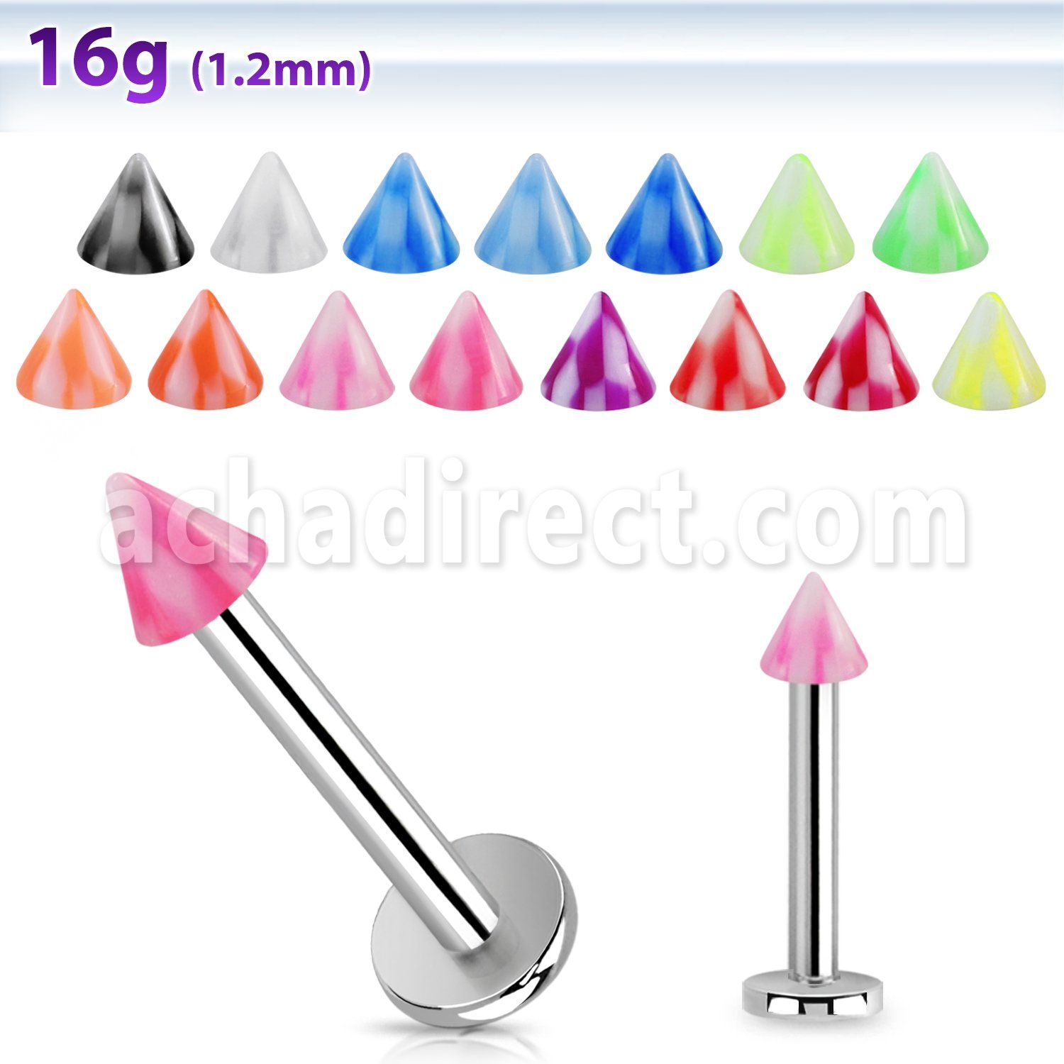 lbckn3 16g 316l steel labret with 3mm uv checkered cone