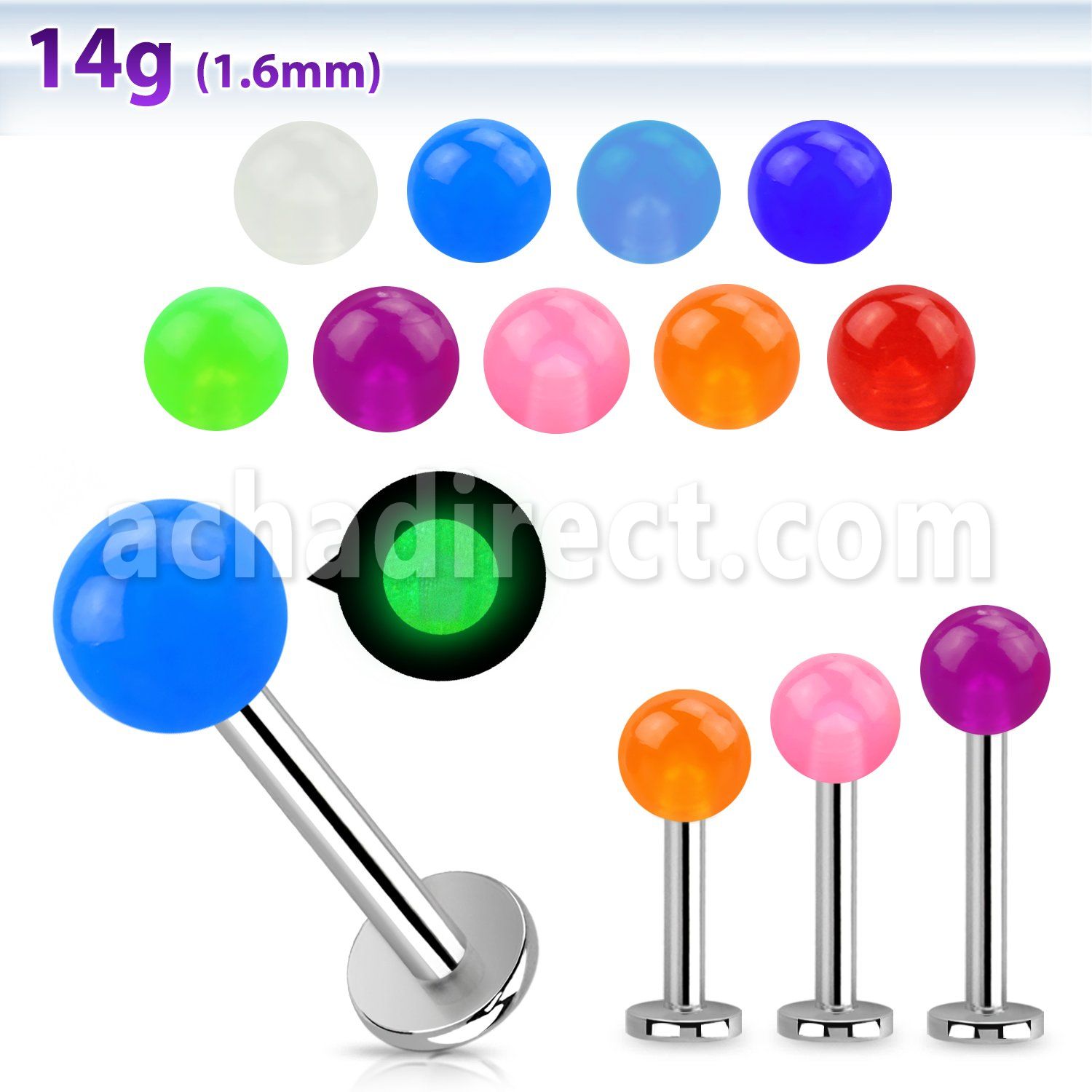 lbgl 316l steel labret w 5mm glow in the dark acrylic ball