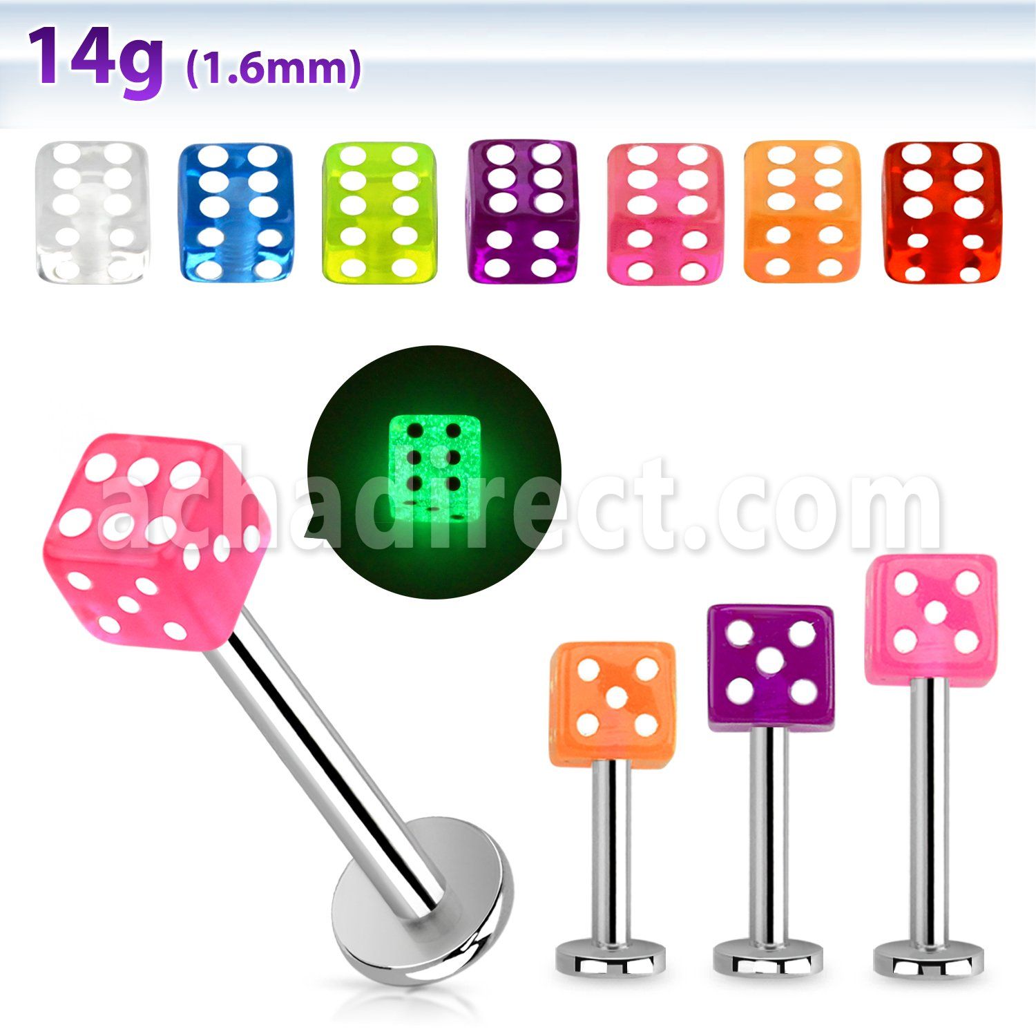 lbgldi 316l steel labret with 5mm glow in the dark acrylic dice