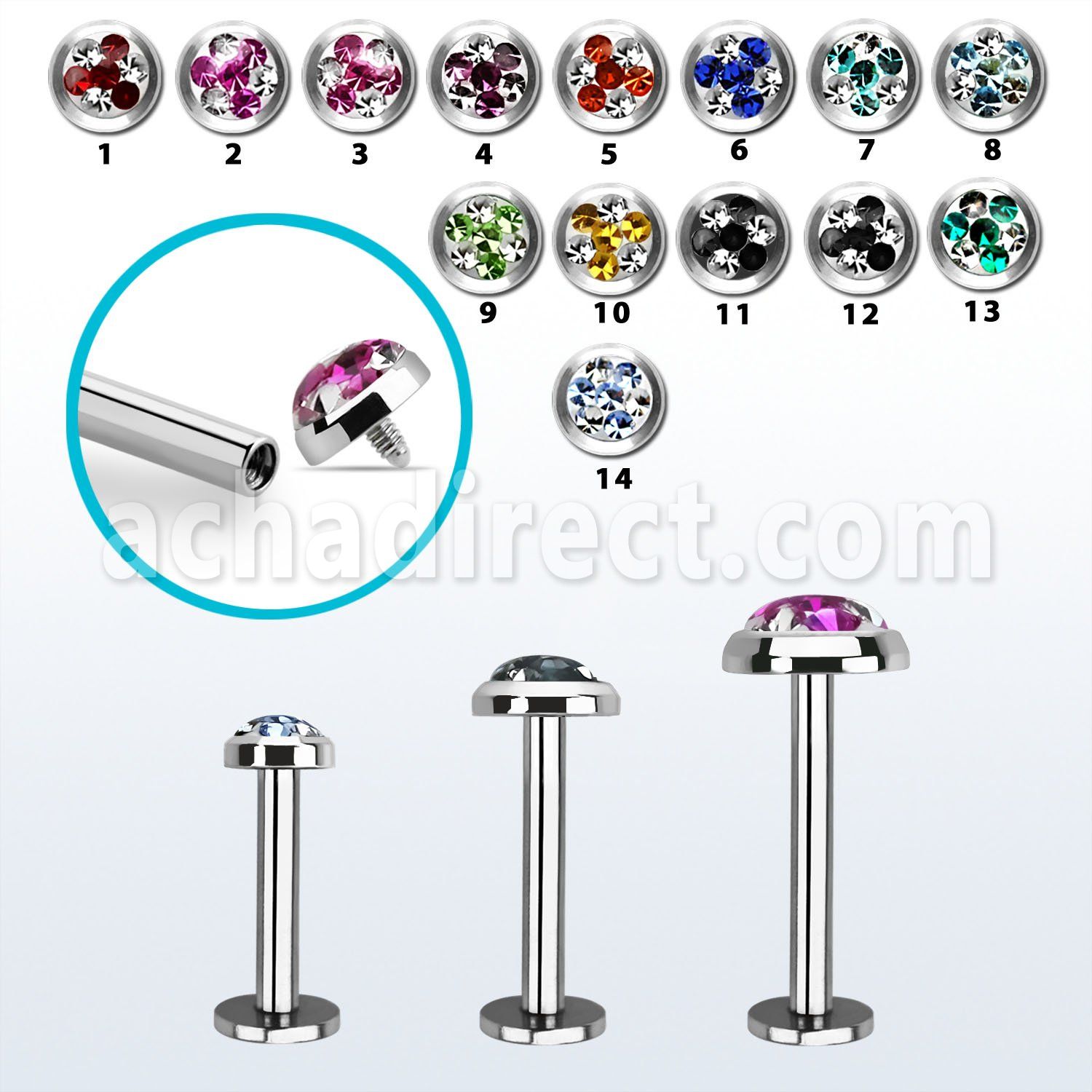 lbifrd steel internally threaded labret w multi crystal tristar