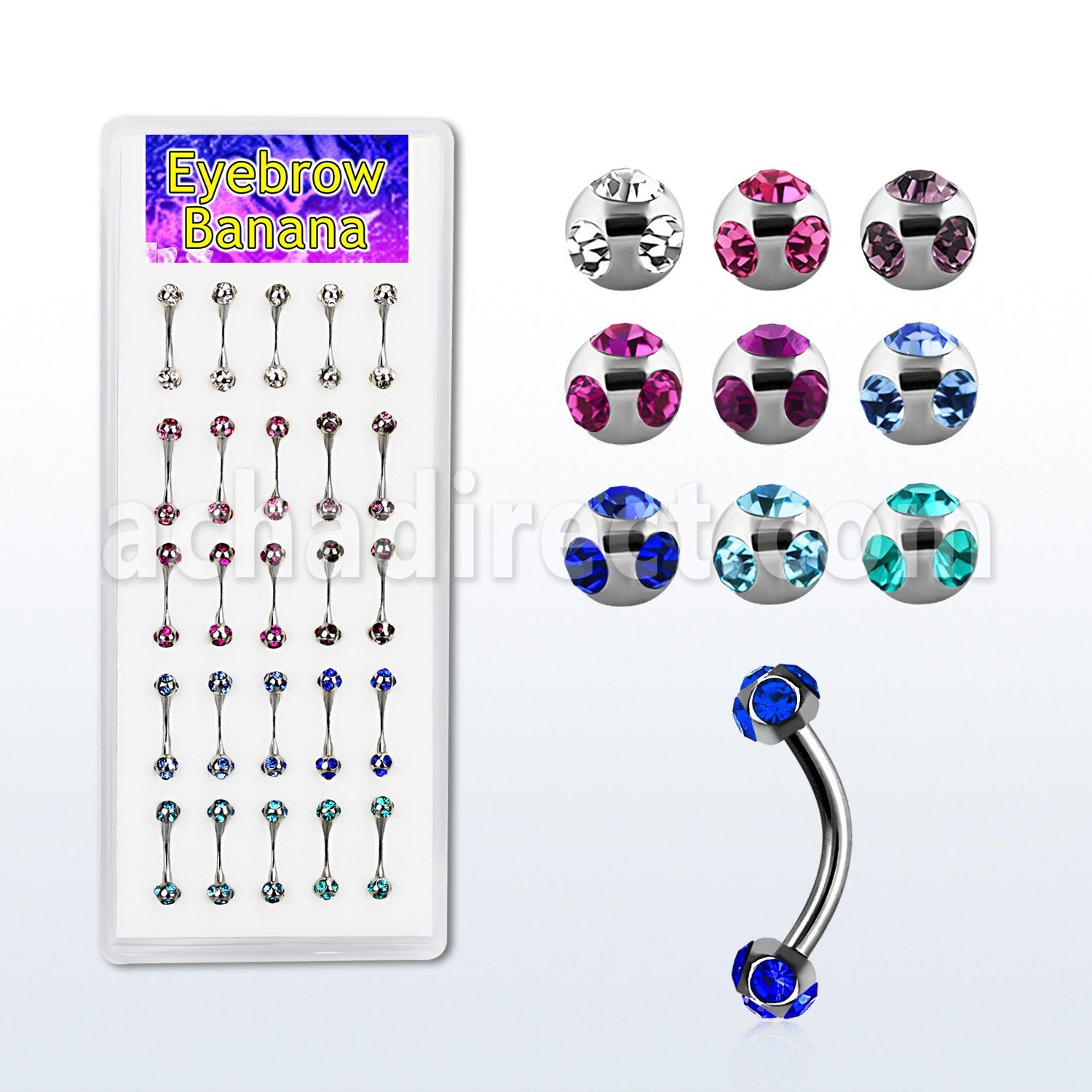 lbnec3 display of eyebrow bananas with 3mm multi jewel balls