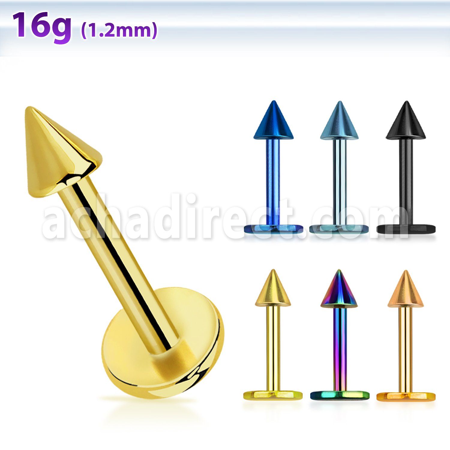 lbtcn25 anodized 16g 316l steel labret with 2 5mm cone