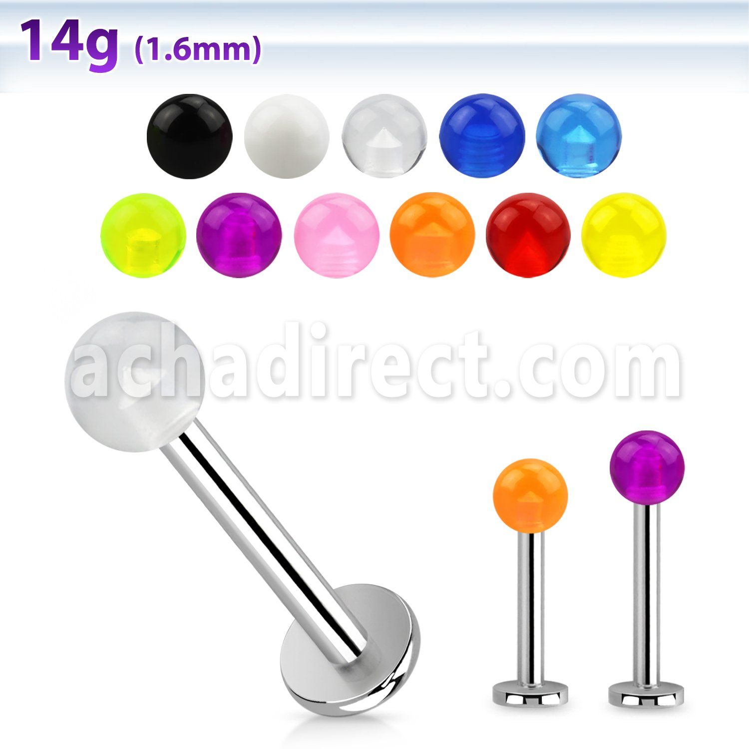 lbuvb4 steel labret 14g acrylic uv ball