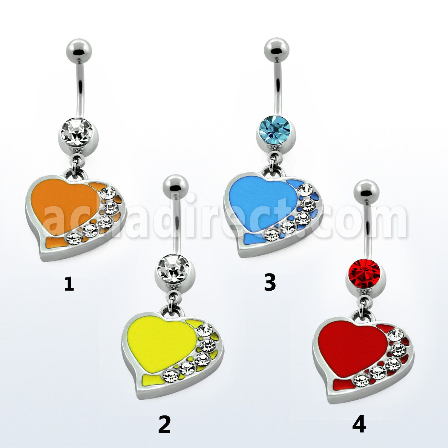 mcd407 316l steel belly banana w painted crystal heart dangle