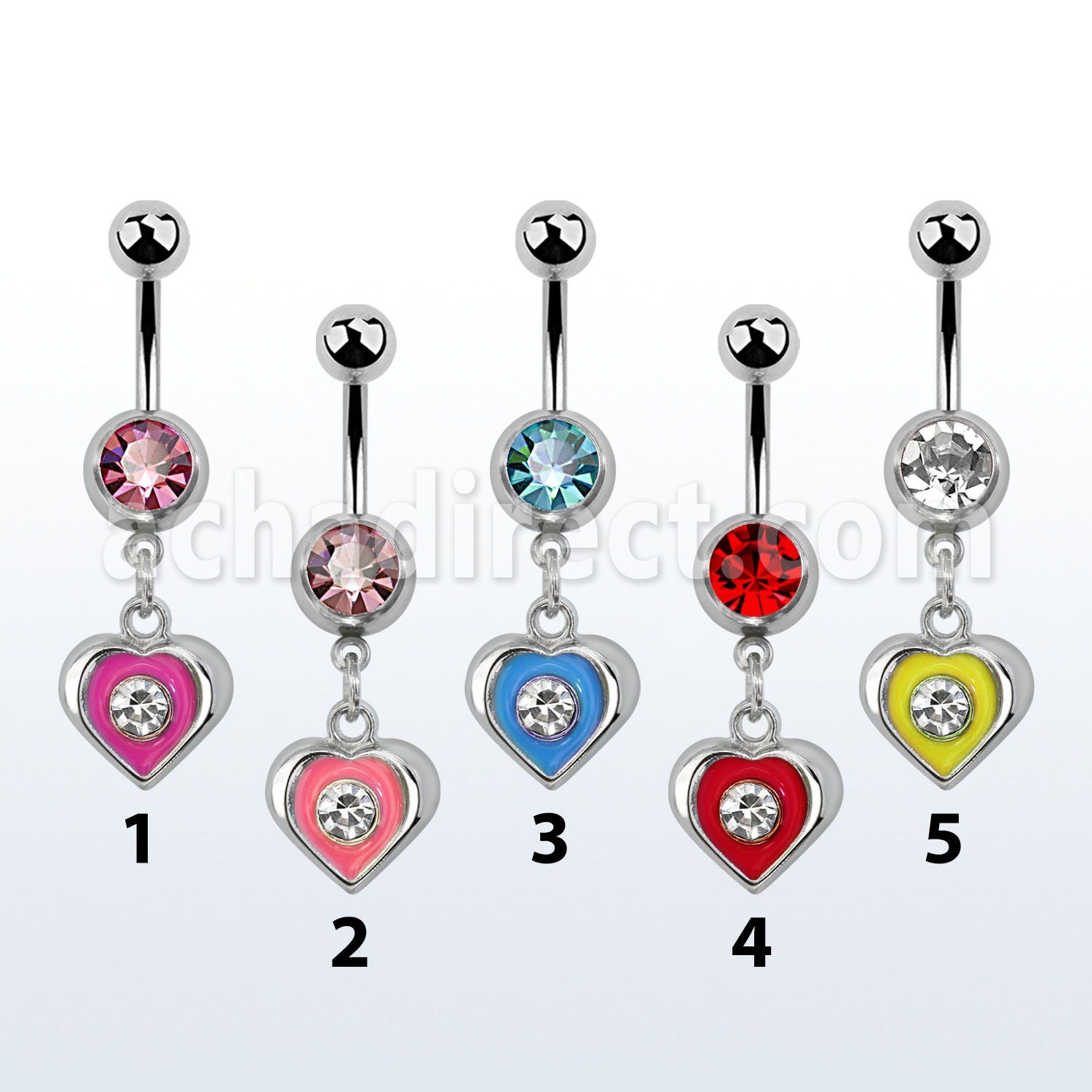 mcd408 316l steel belly banana with jewel ball painted heart