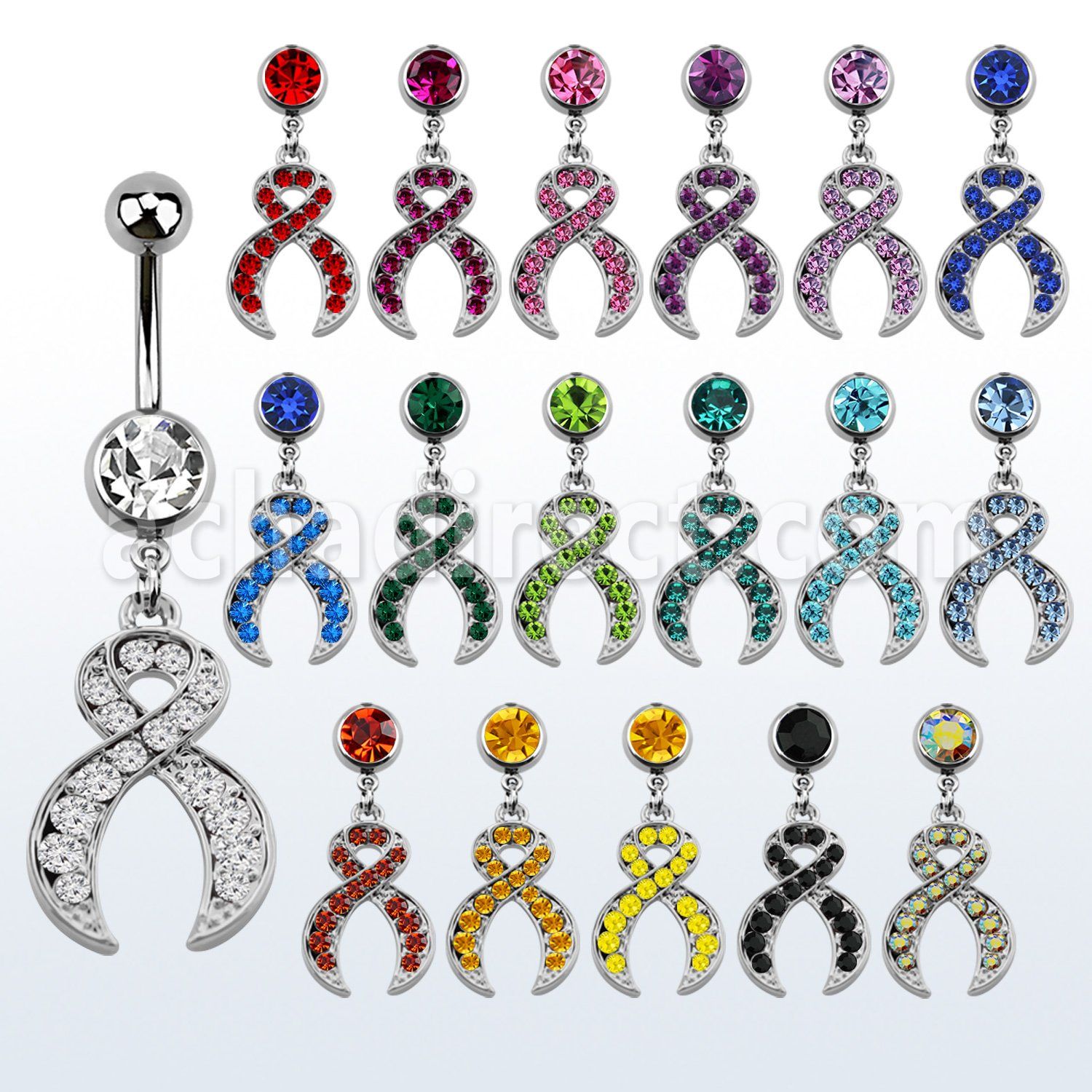 mcd496 316l steel belly banana with dangling crystal ribbon