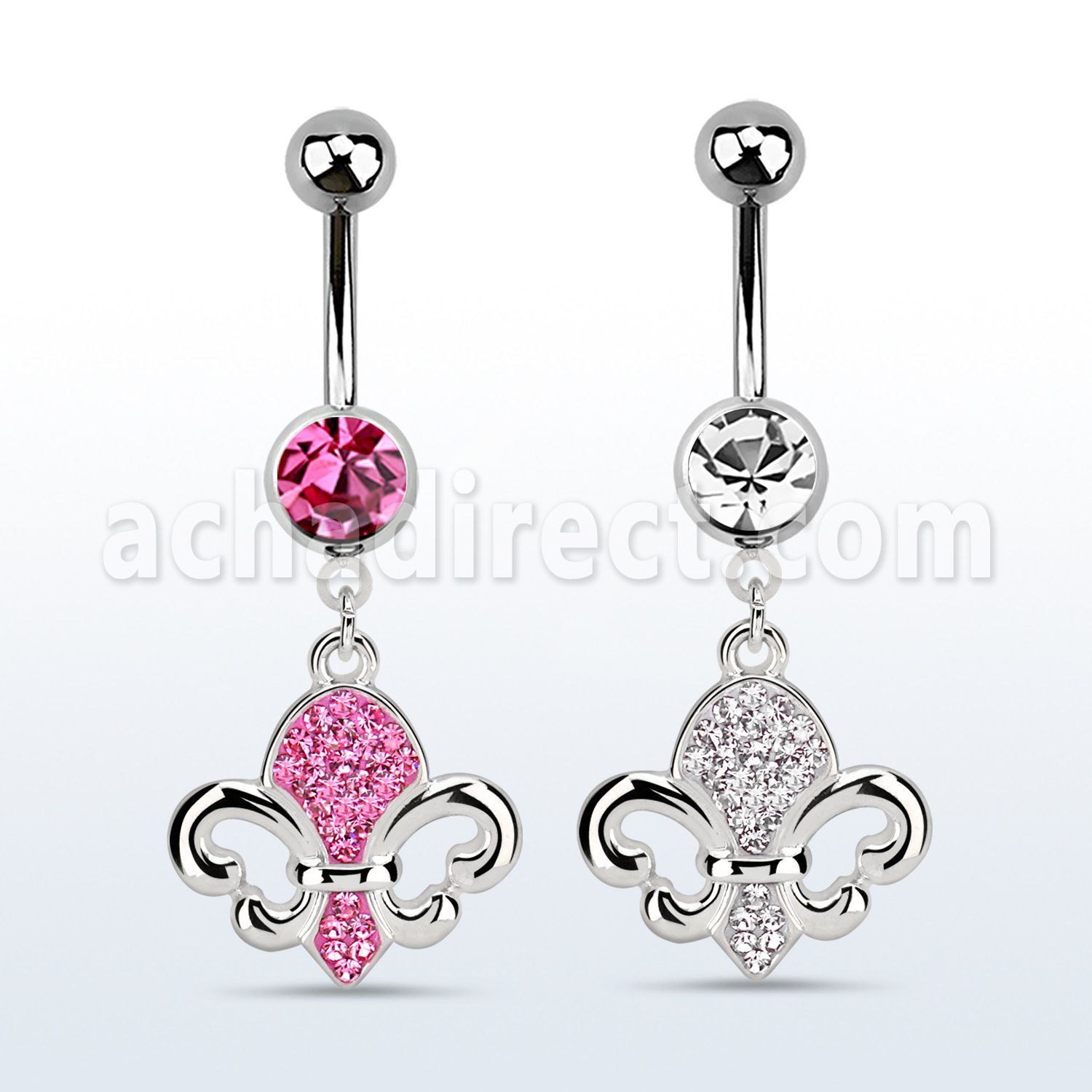 mcd498 316l steel belly banana w crystal fleur de lis