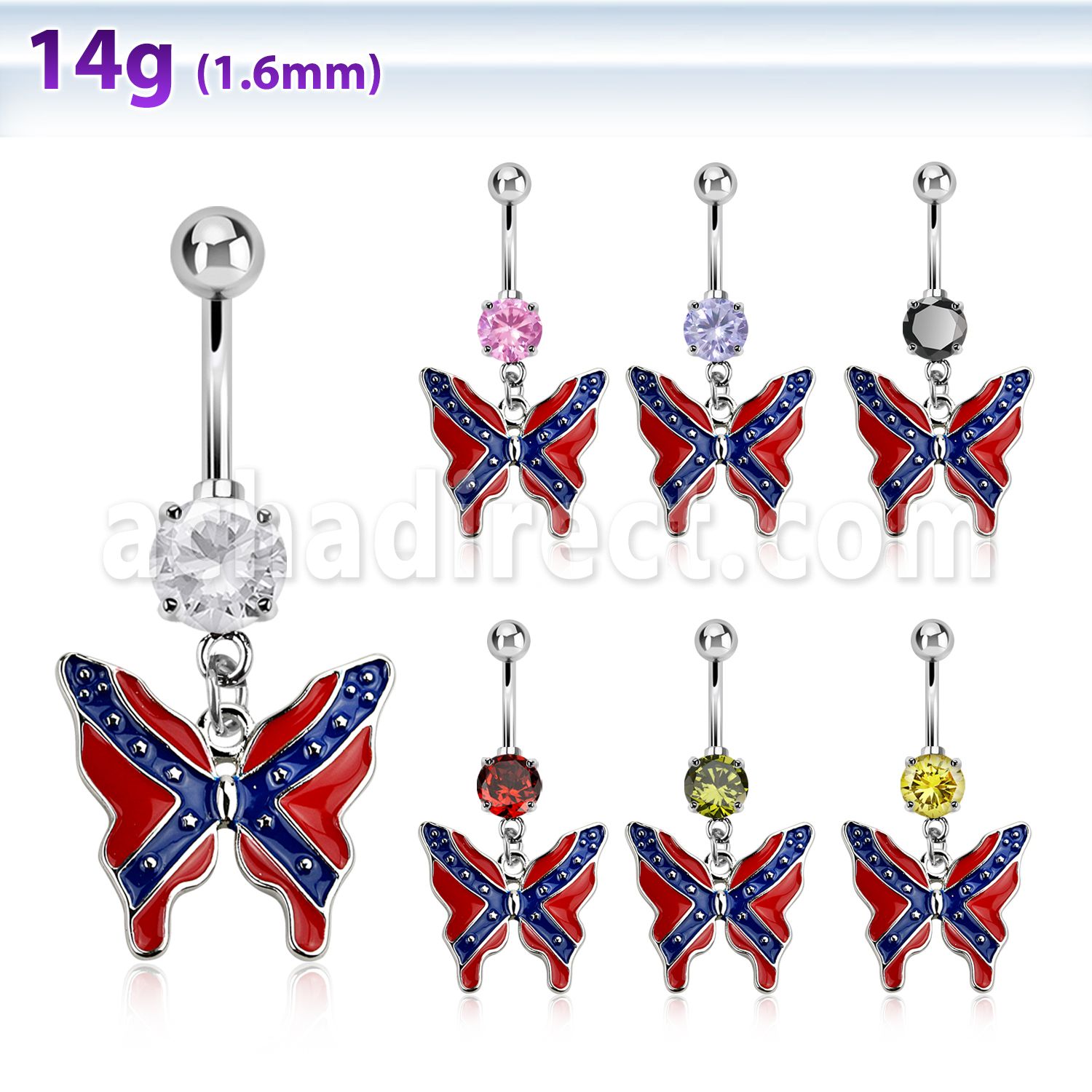 mcd506x cz belly banana w dangling butterly in confederate color