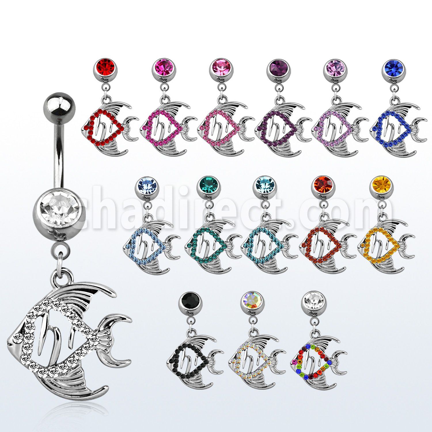 mcd647 316l steel belly banana w dangling multi crystal fish