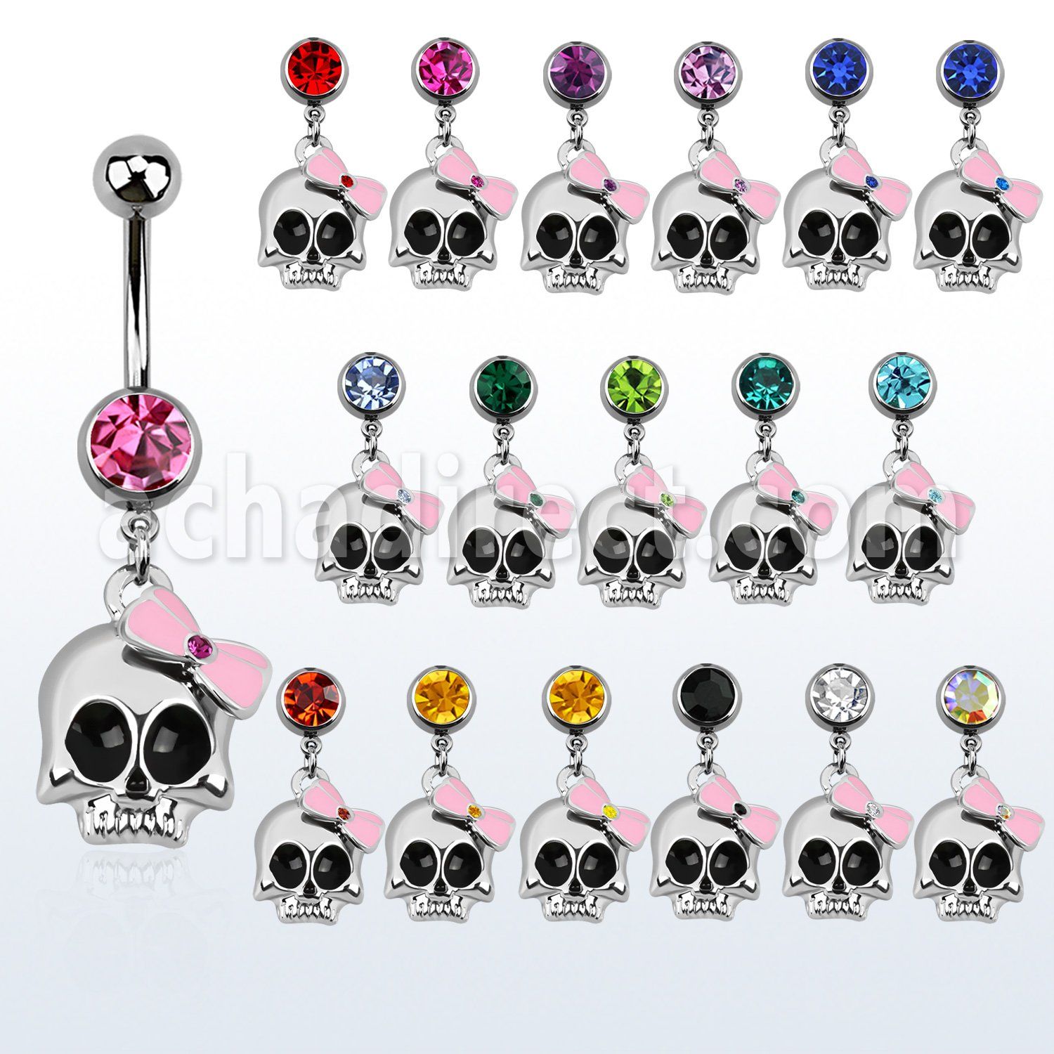 mcd650 316l steel belly banana w skull w crystal pink ribbon