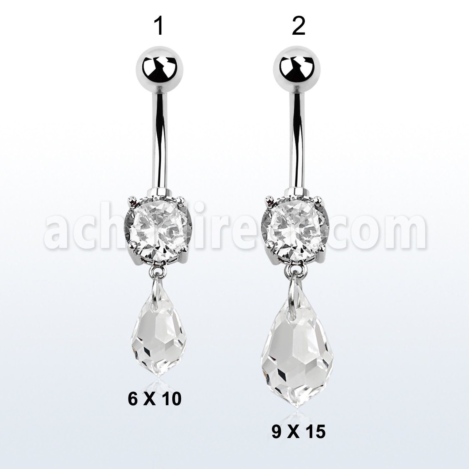 mcd710 steel belly banana w a dangling tear drop shaped crystal