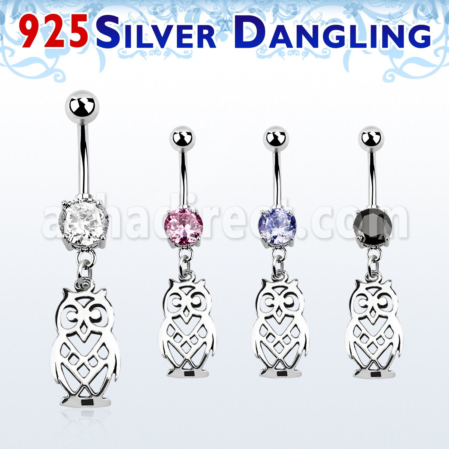 mcdvd15 316l steel belly banana w dangling sterling silver owl