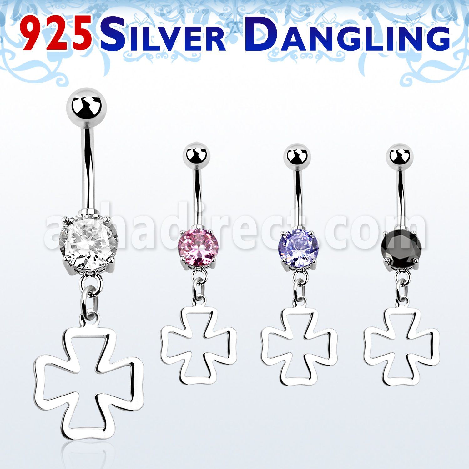 mcdvd19 steel belly banana w cz stone silver cross dangling