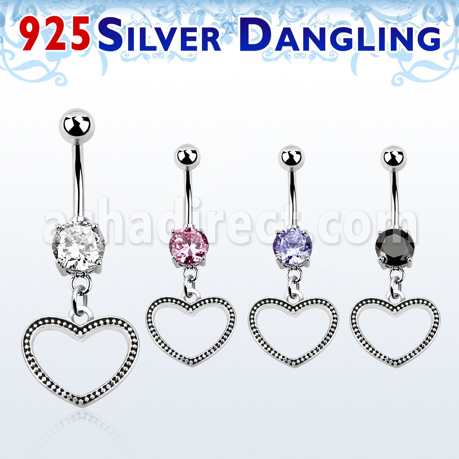 mcdvd24 steel belly banana w round cz silver heart shaped