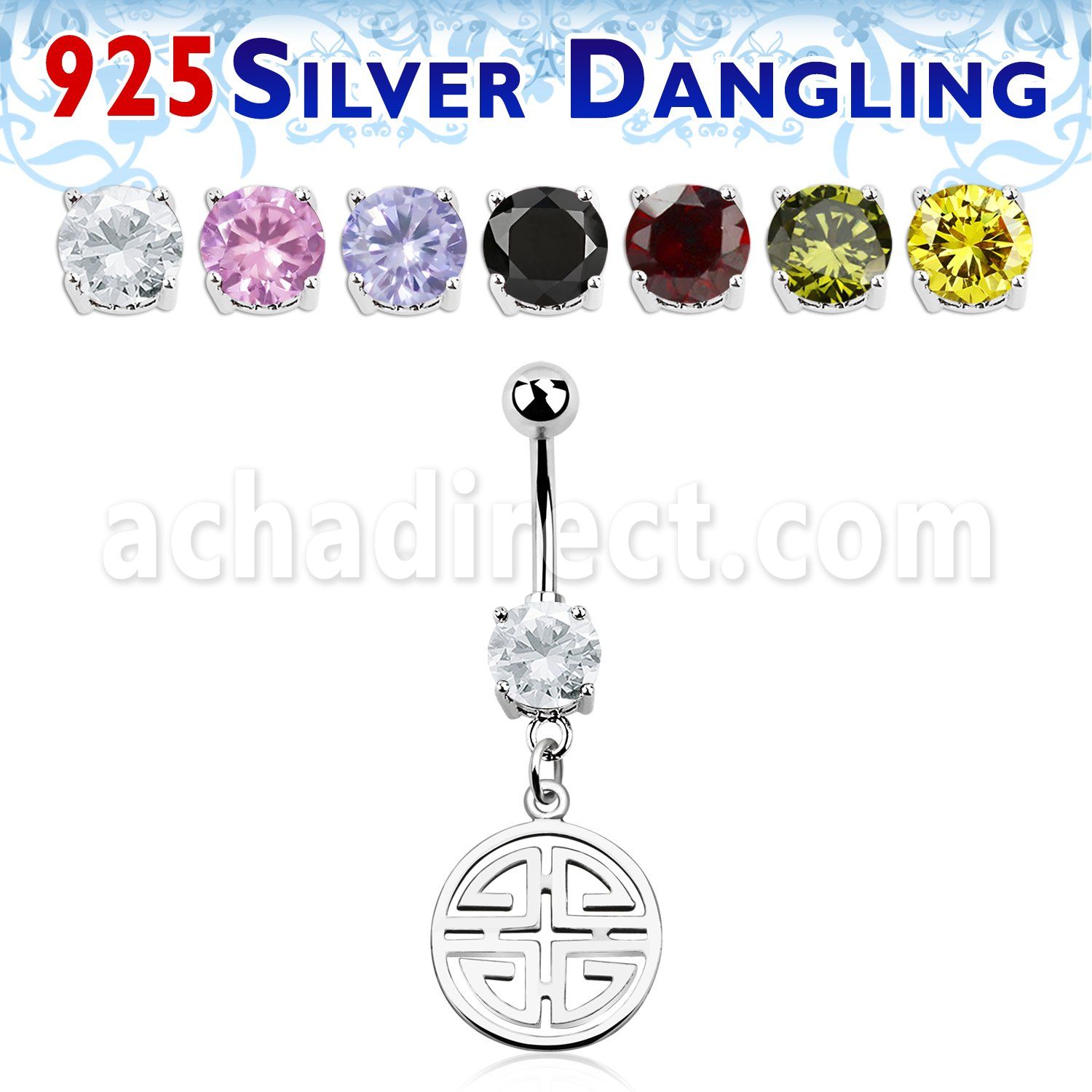 mcdvd26 steel cz belly banana silver dangling chinese word