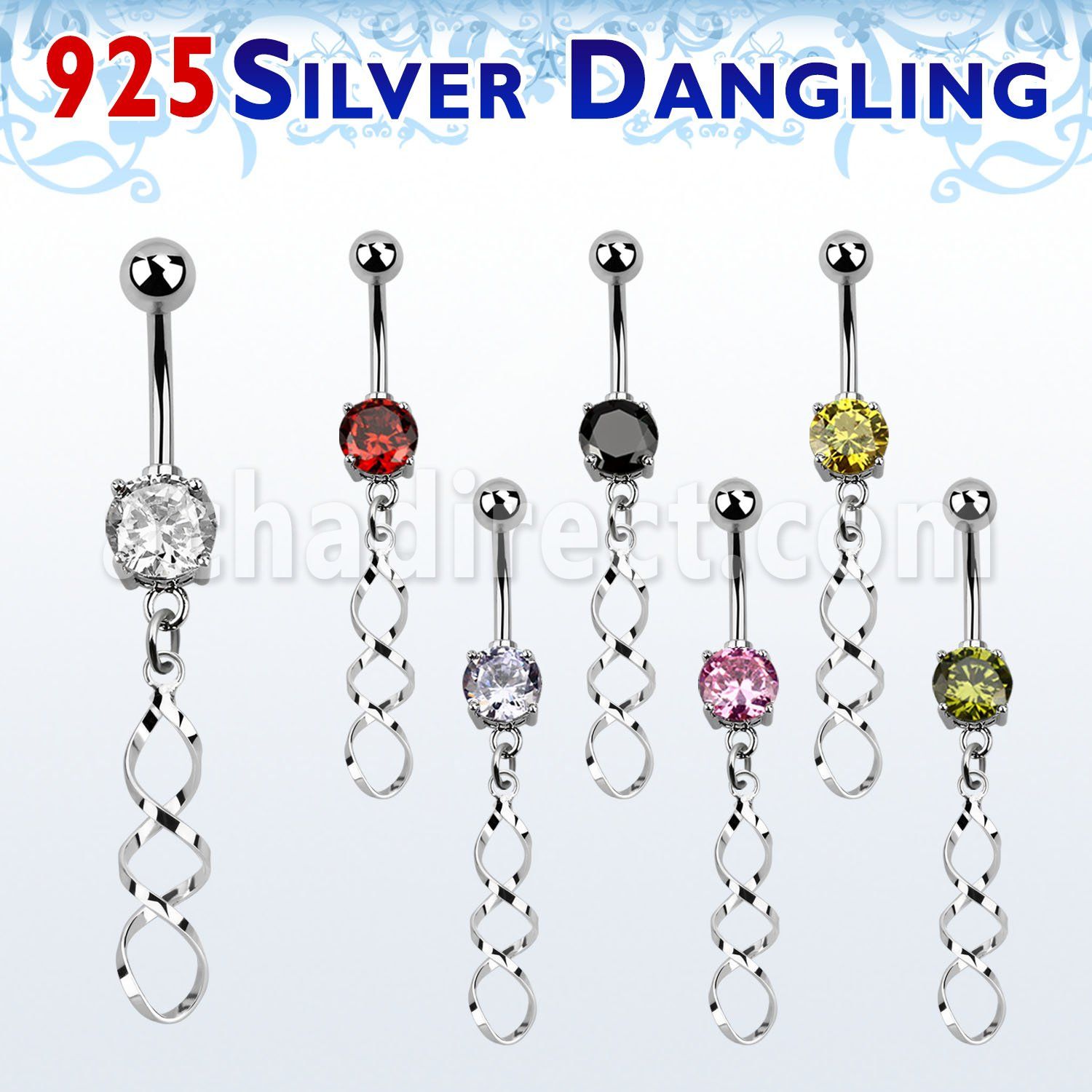 mcdvd31 steel belly banana w round cz stone silver coil shaped