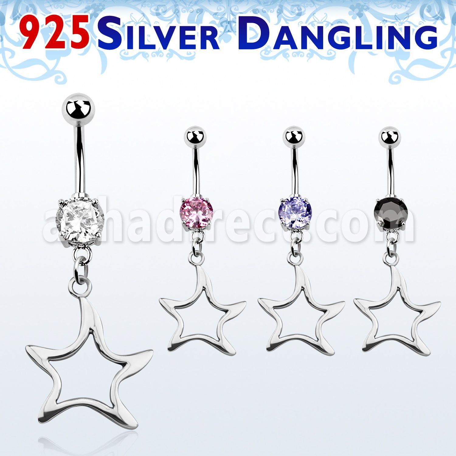 mcdvd8 316l steel cz belly banana w dangling silver star