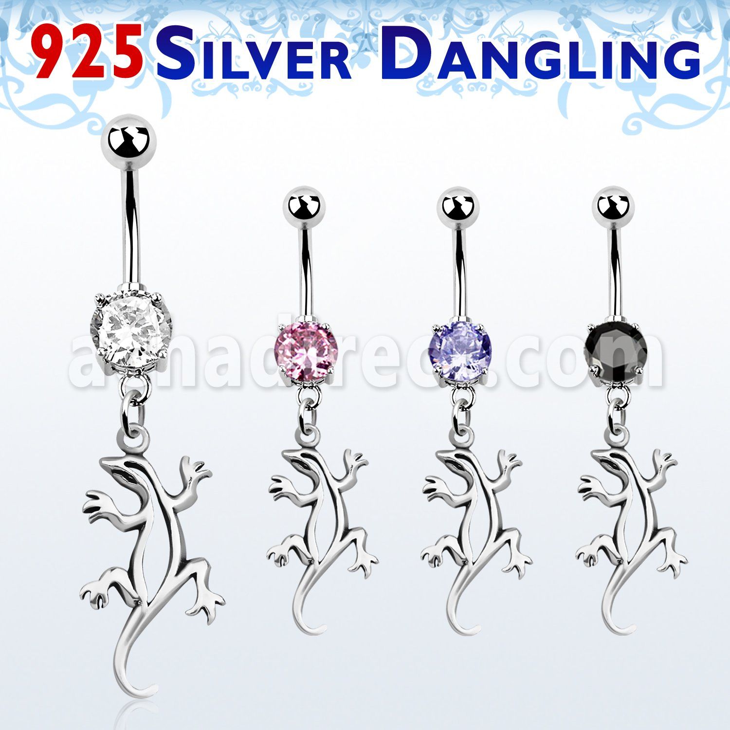 mcdvd9 316l steel cz belly banana w dangling silver lizard