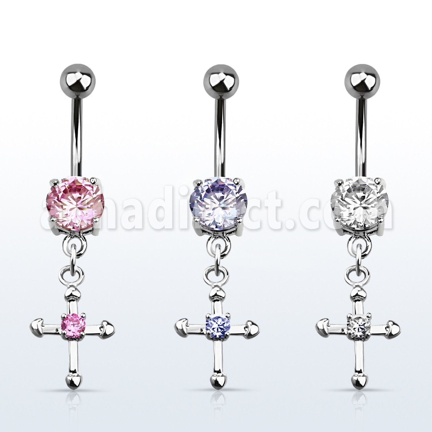 mcdz14 316l steel belly banana w prong cz cross w round cz