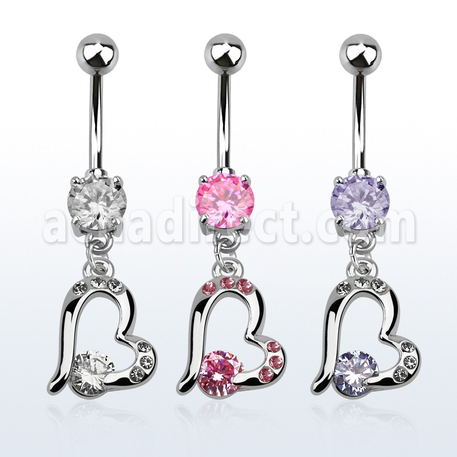 mcdz362 316l steel belly banana w dangling heart w cz stone