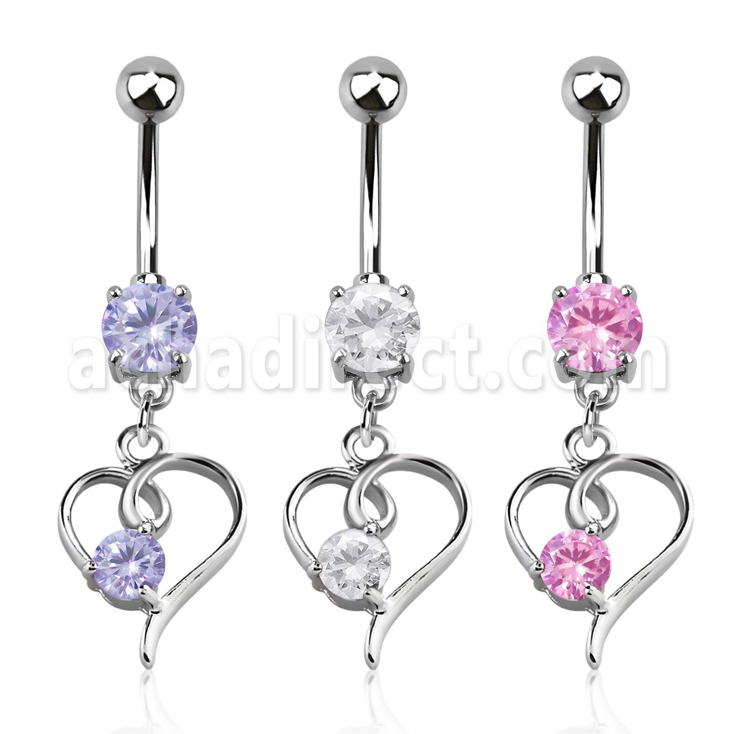 mcdz59 316l steel belly banana w prong cz heart w round cz