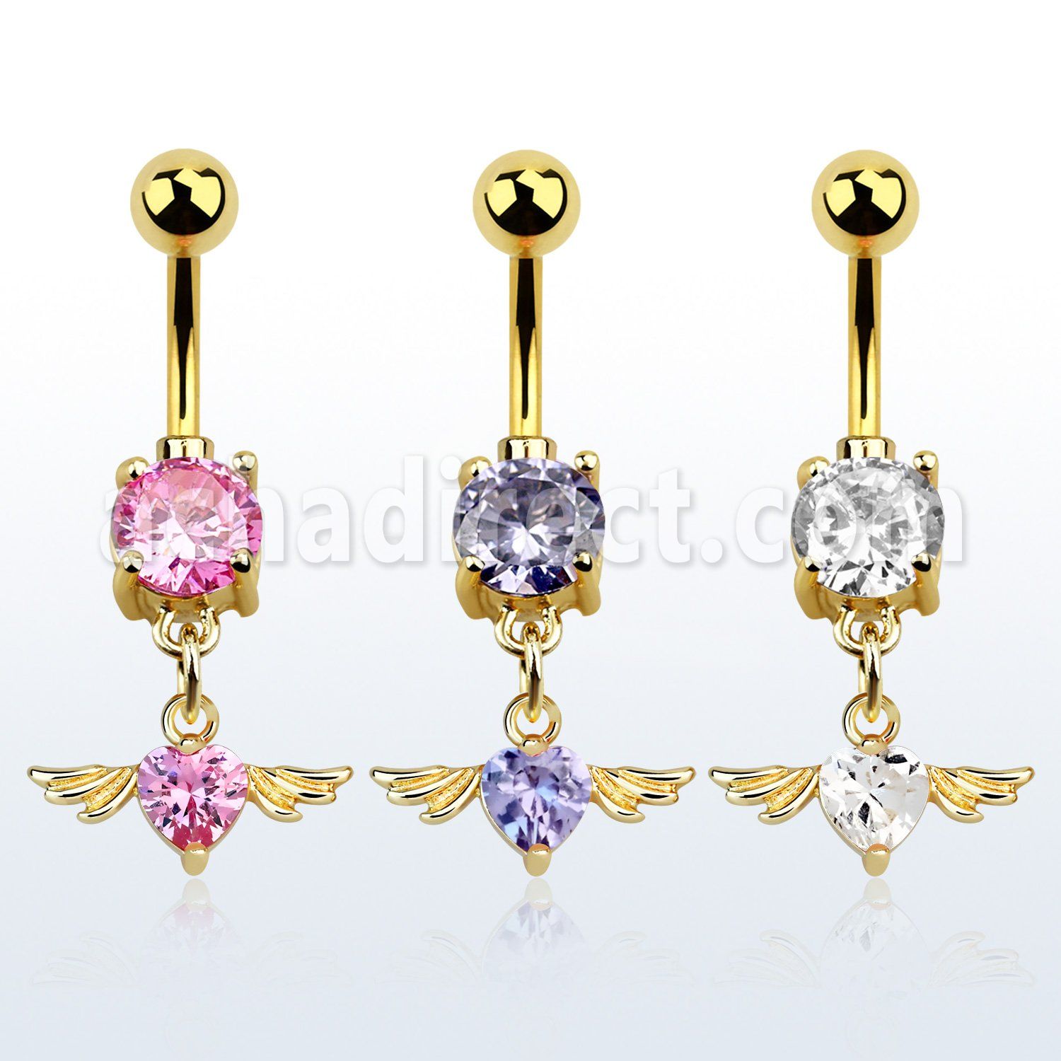 mdgz367 gold 316l steel belly banana w dangling heart cz stone