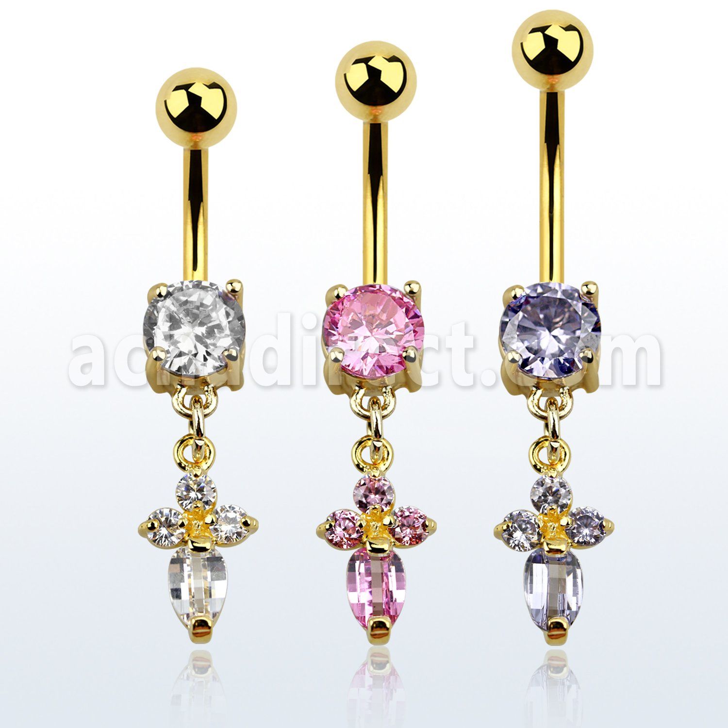 mdgz518 gold anodized belly banana w a dangling cz cross