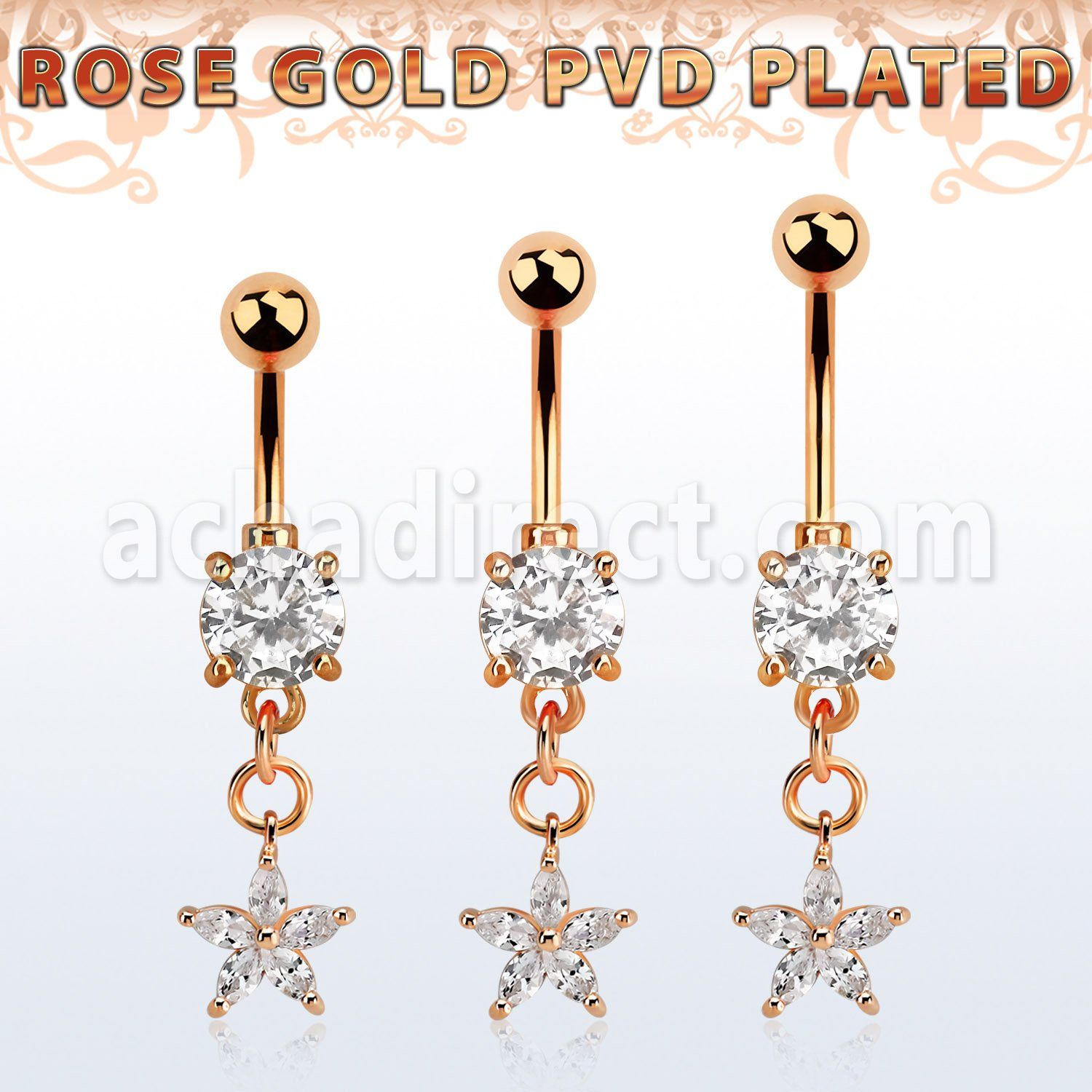 mdrz413 rose gold steel belly banana w dangling flower w cz