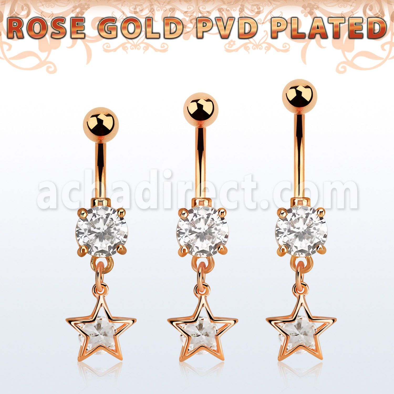 mdrz414 rose gold steel belly banana w dangling star shape w cz