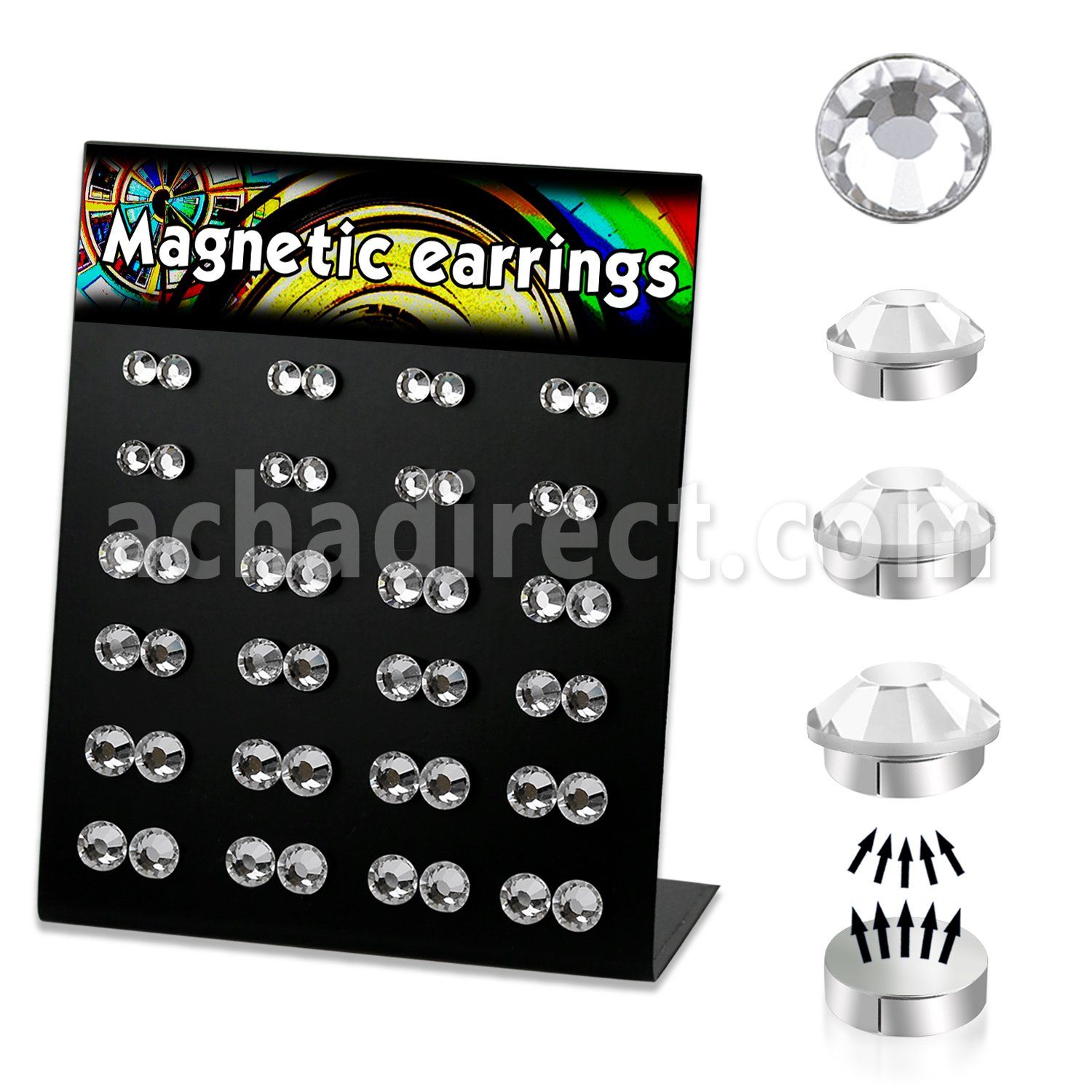 mg83 board of 5 7mm round clear crystal magnetic earrings