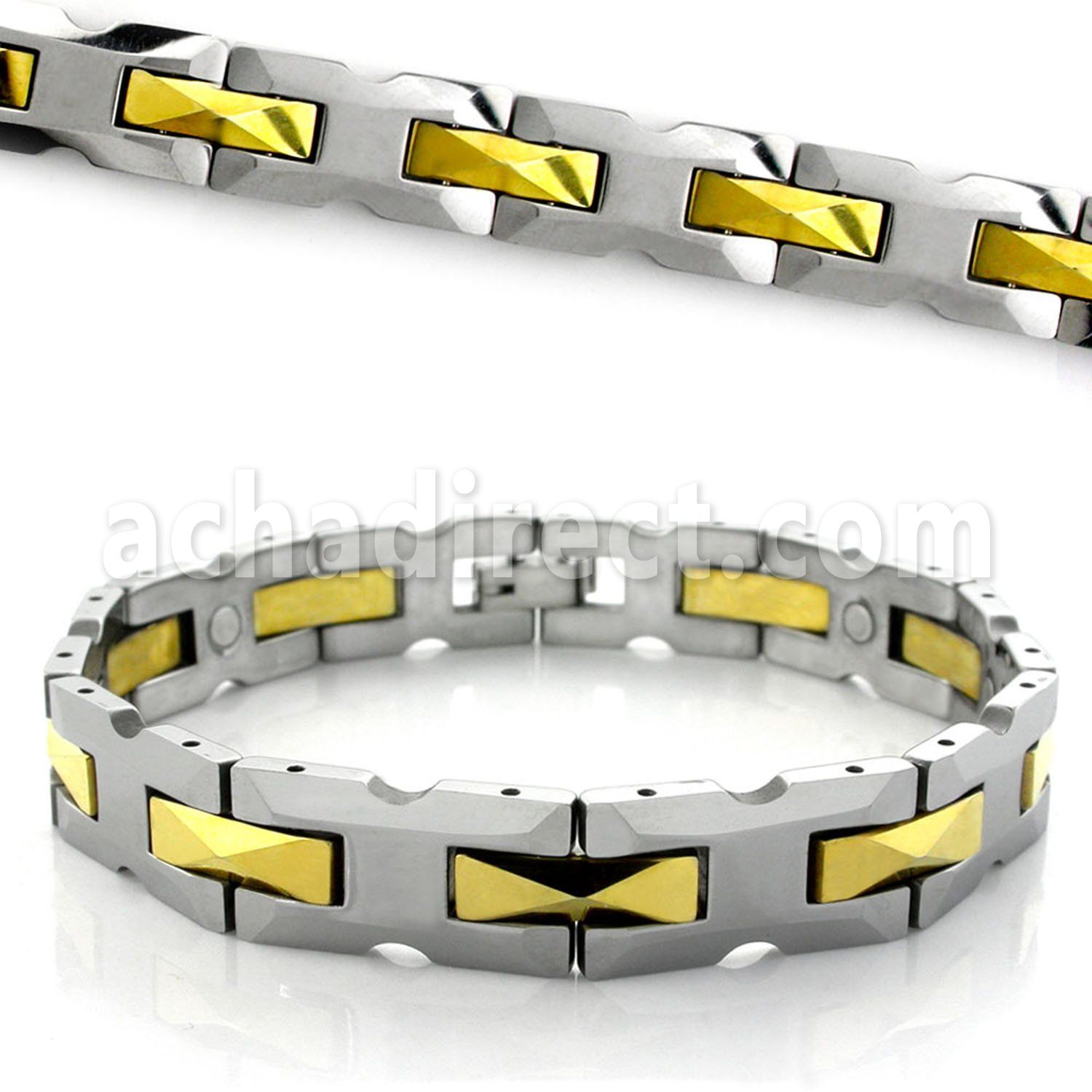 mgub5 polished tungsten h link bracelet with gold hinges