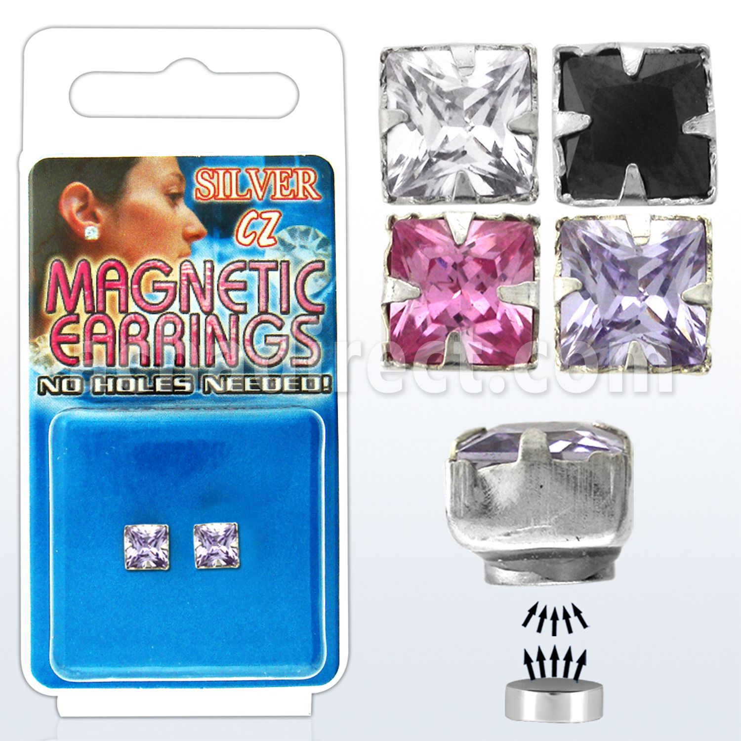mgzq6 pair of silver magnetic earring studs w 6mm square cz