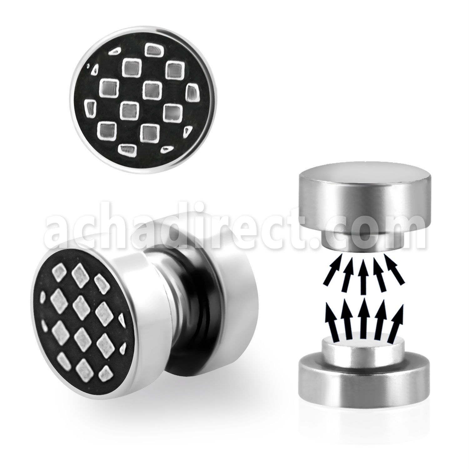 mip15 316l steel magnetic fake plug w checkerboard logo